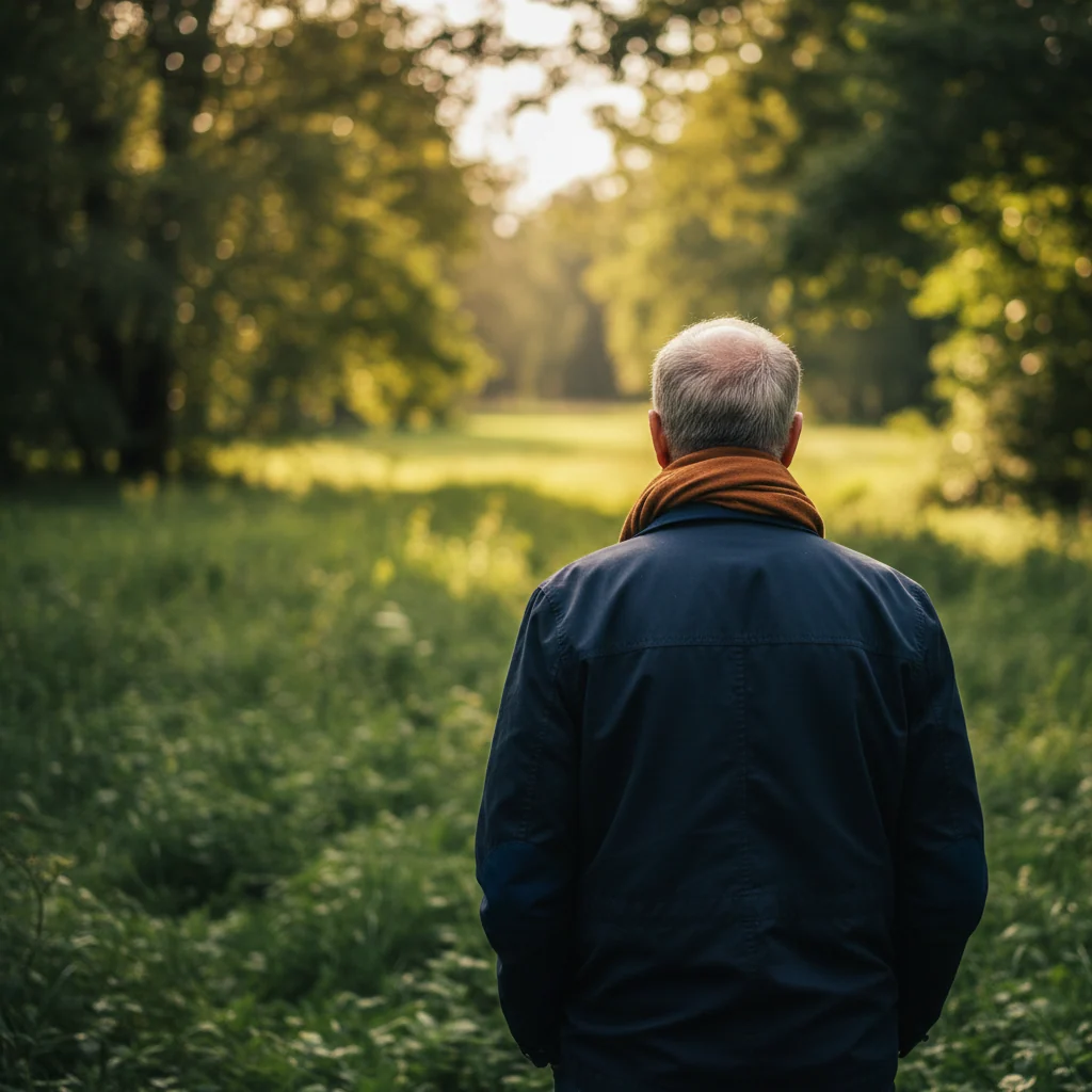 Anonieme redactionele medewerker in groene omgeving - silhouet van man op een wandelpad