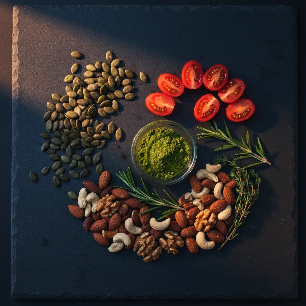 Natuurlijke ingrediënten: pompoenzaden, lycopeen tomaten, zink noten - zink magnesium supplement dagelijkse routine