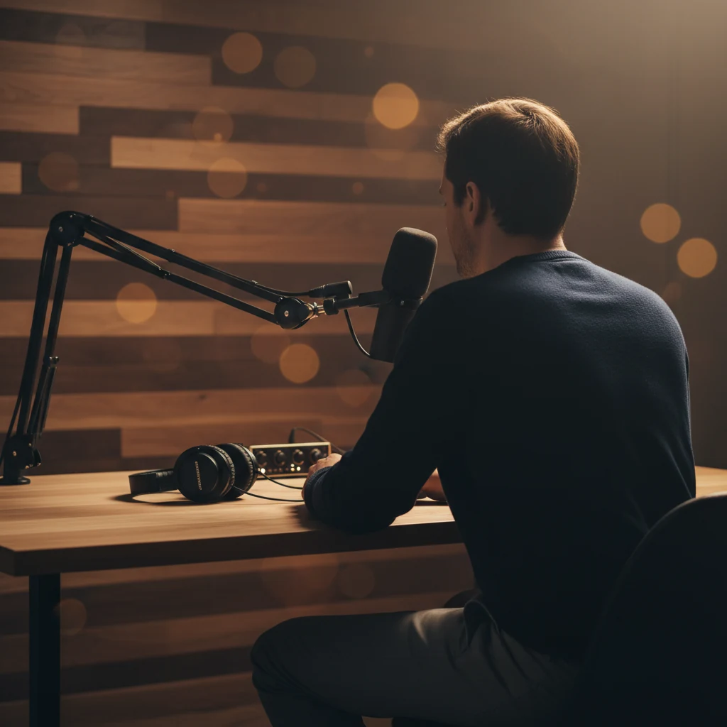 Anonieme gesprekspartner in redactionele podcaststudio